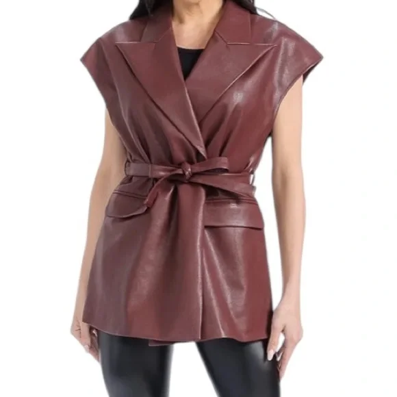 Vegan Leather Oversized Lined Belted Cap Sleeve Vest in Burgandy w Pockets - Picture 1 of 3